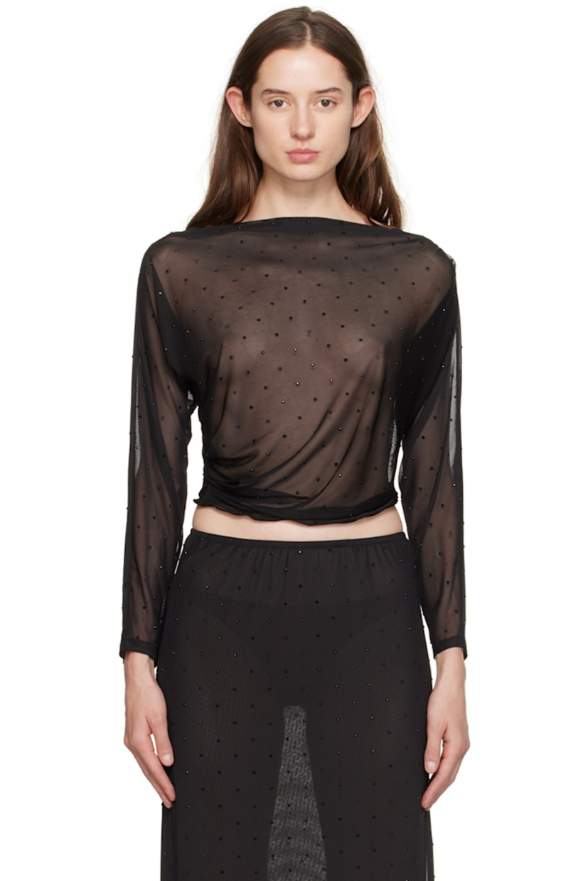 Semi-sheer stretch polyester mesh T-shirt. Gathering and crystal-cut appliqués throughout.

· Boat neck
· Elasticized cropped hem

Supplier color: Black