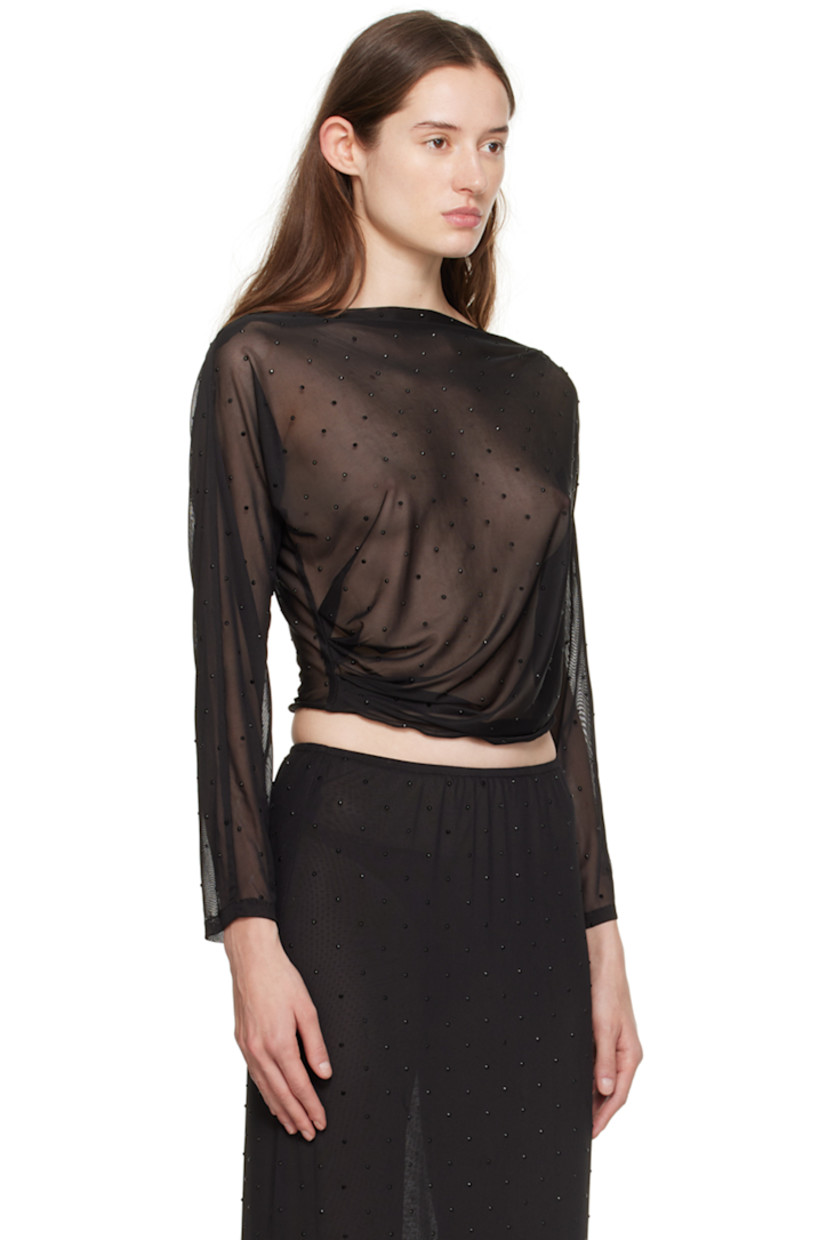 Semi-sheer stretch polyester mesh T-shirt. Gathering and crystal-cut appliqués throughout.

· Boat neck
· Elasticized cropped hem

Supplier color: Black