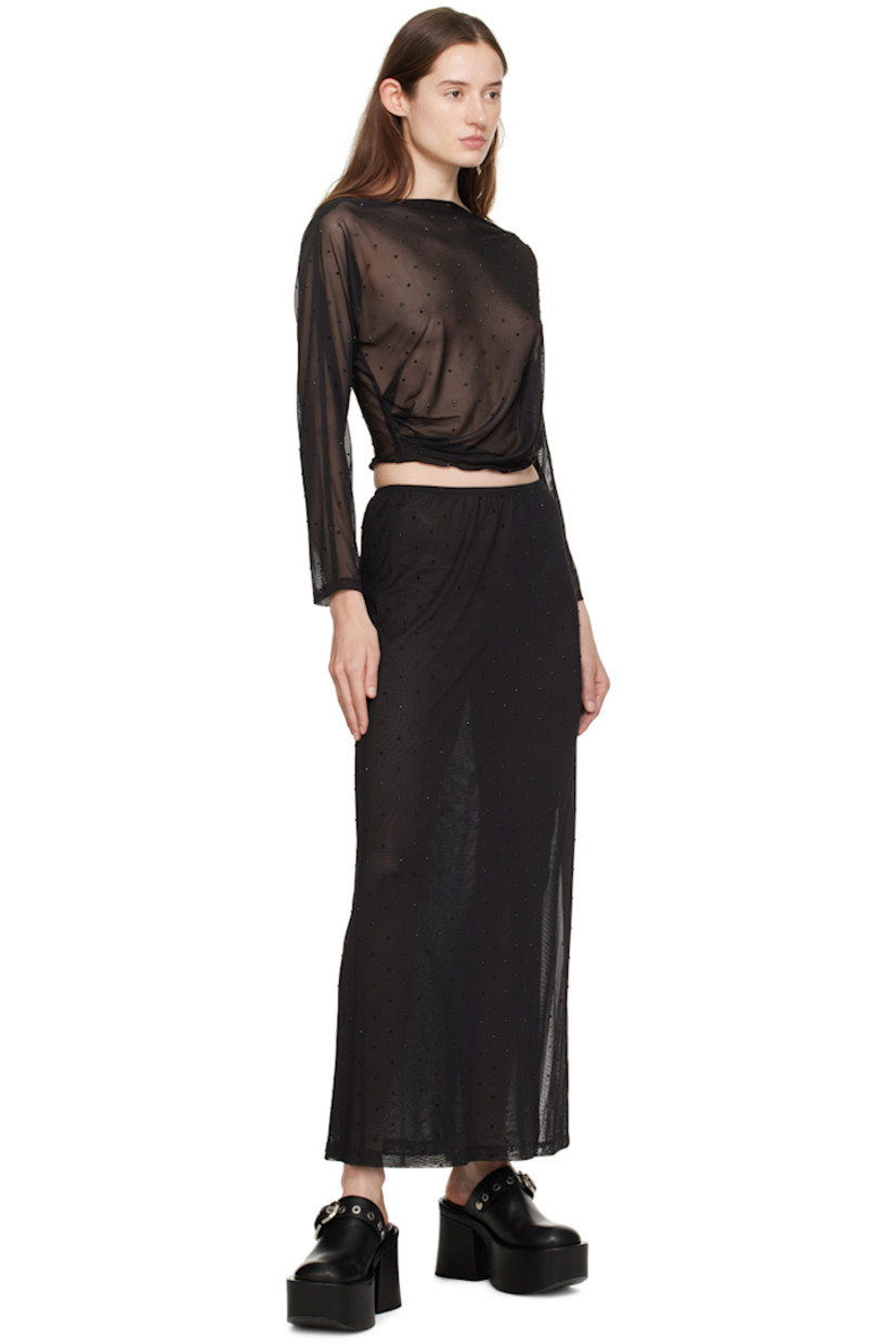 Semi-sheer stretch polyester mesh T-shirt. Gathering and crystal-cut appliqués throughout.

· Boat neck
· Elasticized cropped hem

Supplier color: Black