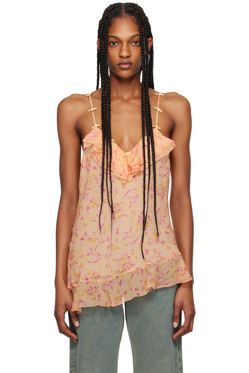 Silk crepon tank top. Floral bow appliqués, ruffled trim, floral pattern printed throughout.

· Plunging sweetheart neck
· Asymmetric hem
· Adjustable spaghetti straps
· Full polyester chiffon lining

Supplier color: Cantaloupe multi