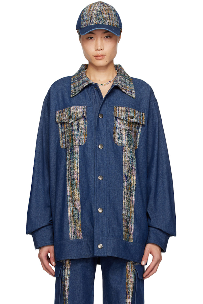 Non-stretch denim jacket. Tweed trim with metallic thread detailing throughout.

· Spread collar
· Press-stud closure
· Flap and seam pockets
· Press-stud barrel cuffs

Available exclusively at SSENSE.

Supplier color: Denim