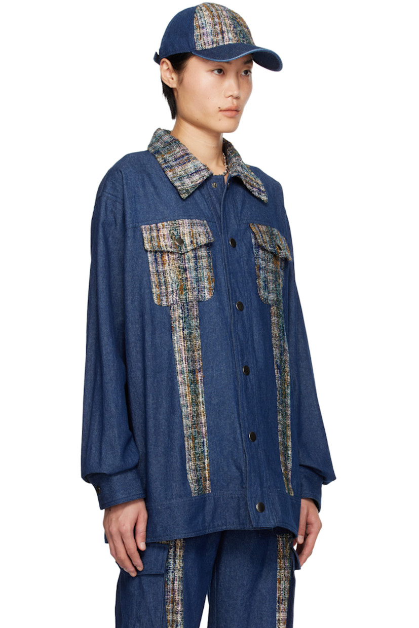 Non-stretch denim jacket. Tweed trim with metallic thread detailing throughout.

· Spread collar
· Press-stud closure
· Flap and seam pockets
· Press-stud barrel cuffs

Available exclusively at SSENSE.

Supplier color: Denim