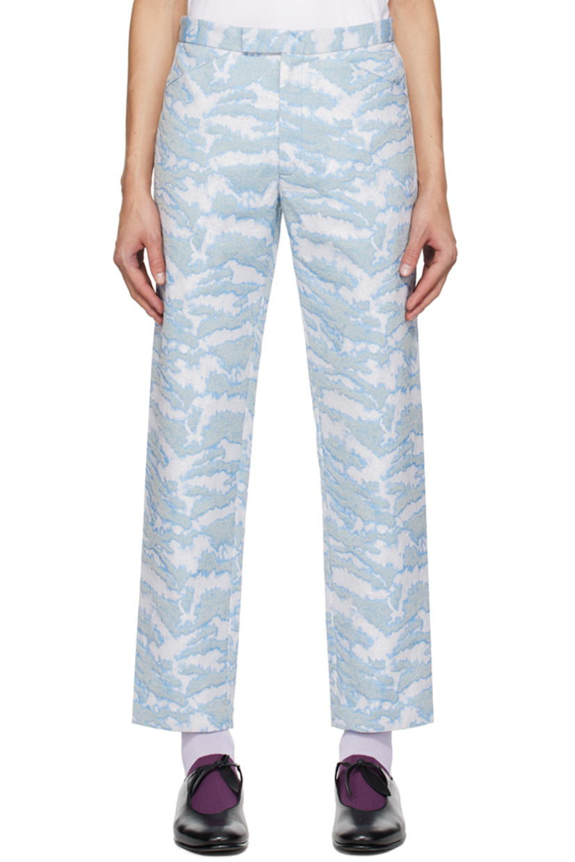Stretch cotton-blend gobelin trousers. Metallic thread detailing and jacquard graphic pattern throughout.

· Four-pocket styling
· Zip-fly

Available exclusively at SSENSE.

Supplier color: Powder blue