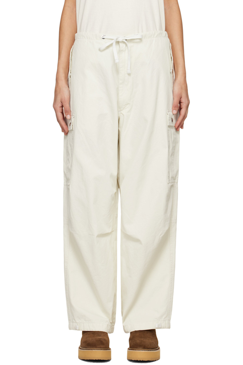 Cotton twill trousers.

· Drawstring at waistband 
· Four-pocket styling
· Zip-fly
· Tucks at knees 
· Drawstring at cuffs
· Cargo pocket at outseams
· Logo-engraved silver-tone hardware

Supplier color: Off-white