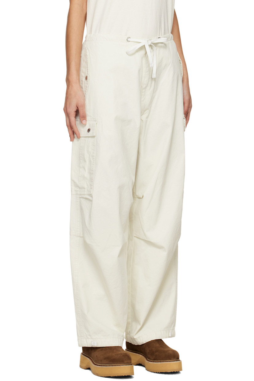 Cotton twill trousers.

· Drawstring at waistband 
· Four-pocket styling
· Zip-fly
· Tucks at knees 
· Drawstring at cuffs
· Cargo pocket at outseams
· Logo-engraved silver-tone hardware

Supplier color: Off-white