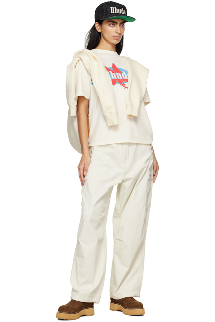 Cotton twill trousers.

· Drawstring at waistband 
· Four-pocket styling
· Zip-fly
· Tucks at knees 
· Drawstring at cuffs
· Cargo pocket at outseams
· Logo-engraved silver-tone hardware

Supplier color: Off-white