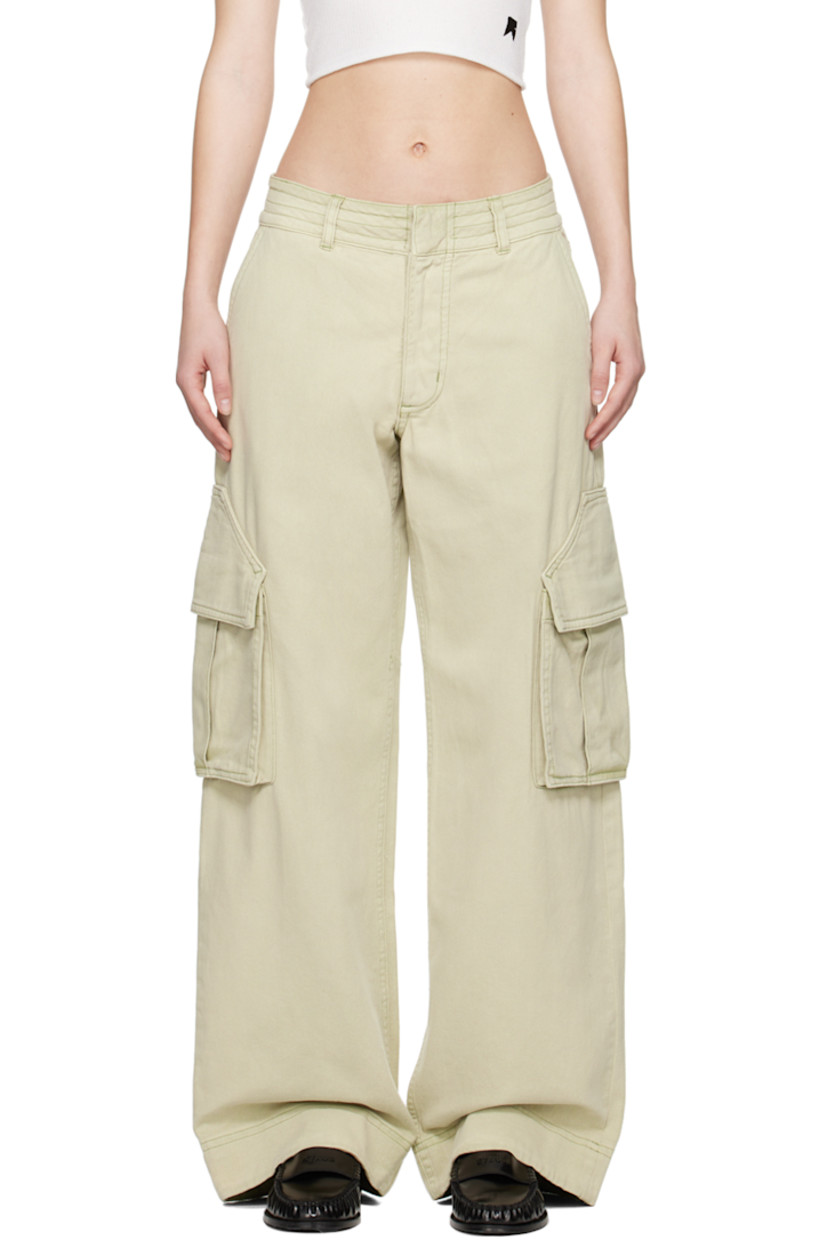 Cotton twill cargo pants. Fading throughout. 

· Belt loops
· Four-pocket styling 
· Zip-fly 
· Bellows pocket at outseams
· Contrast stitching in green

Supplier color: Beige