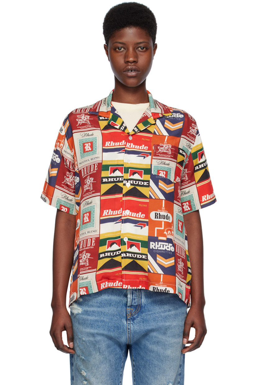 Silk satin shirt. Logo graphic printed throughout. 

· Open spread collar 
· Button closure 
· Patch pocket 
· Tennis-tail hem 

Supplier color: Red multi