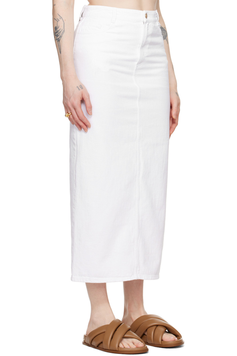 Non-stretch reused cotton-blend denim skirt.

· Belt loops
· Five-pocket styling
· Zip-fly
· Logo patch at back waistband
· Central vent at back hem

Supplier color: Ecru