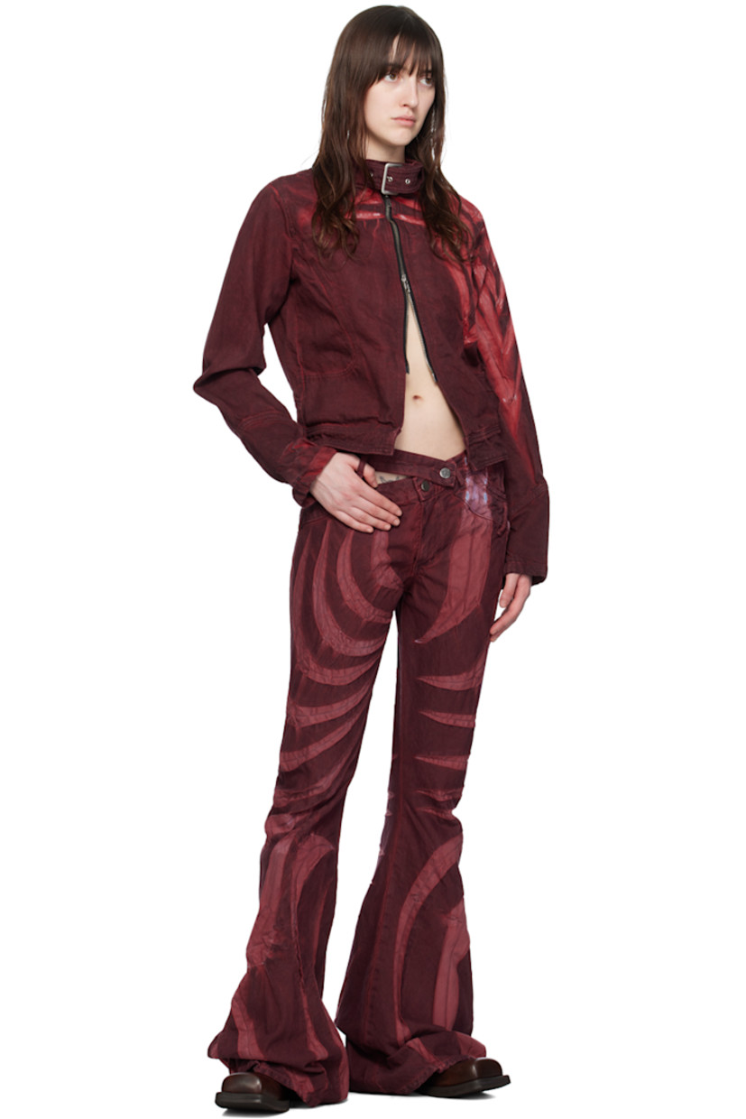 Non-stretch denim jacket. Fading, creasing, and subtle distressing throughout. 

· Pin-buckle strap at band collar
· Two-way zip closure
· Welt pockets
· Vent at front hem

Available exclusively at SSENSE. 

Supplier color: Fiery red