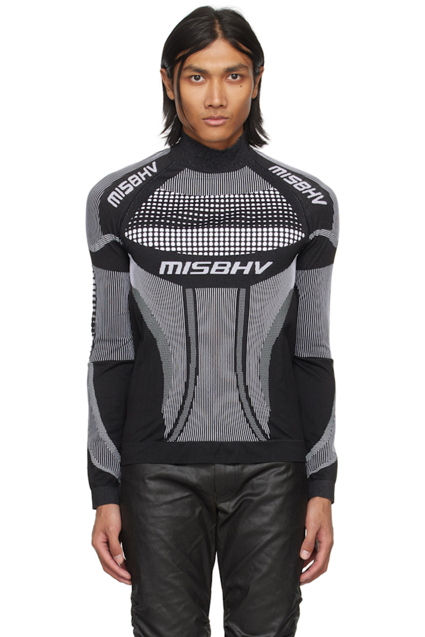 Stretch recycled nylon- and polyester-blend jersey turtleneck. Jacquard striped pattern throughout.

· Rib knit collar, hem, and cuffs
· Jacquard logo at chest and shoulders
· Raglan sleeves

Part of the Permanent collection. 

Supplier color: Black/White