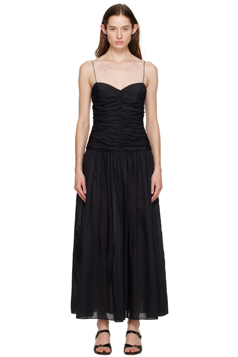 Organic cotton- and silk-blend poplin dress. Gathering throughout.

· Sweetheart neck
· Seam pockets
· Zip closure at side seam
· Fixed spaghetti straps
· Partial poplin lining

Supplier color: Black