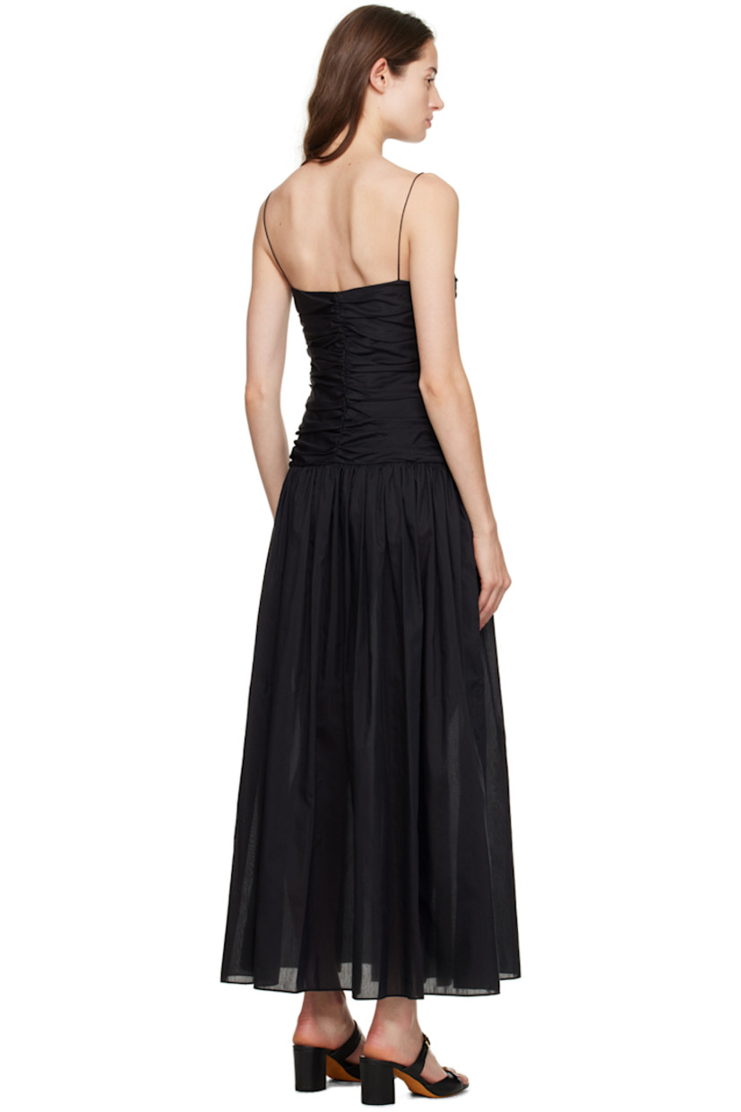 Organic cotton- and silk-blend poplin dress. Gathering throughout.

· Sweetheart neck
· Seam pockets
· Zip closure at side seam
· Fixed spaghetti straps
· Partial poplin lining

Supplier color: Black