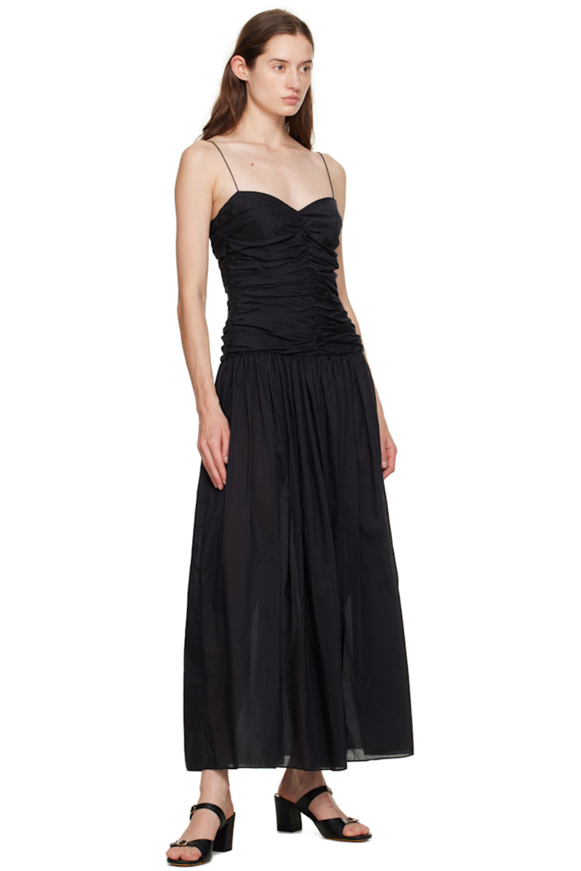 Organic cotton- and silk-blend poplin dress. Gathering throughout.

· Sweetheart neck
· Seam pockets
· Zip closure at side seam
· Fixed spaghetti straps
· Partial poplin lining

Supplier color: Black