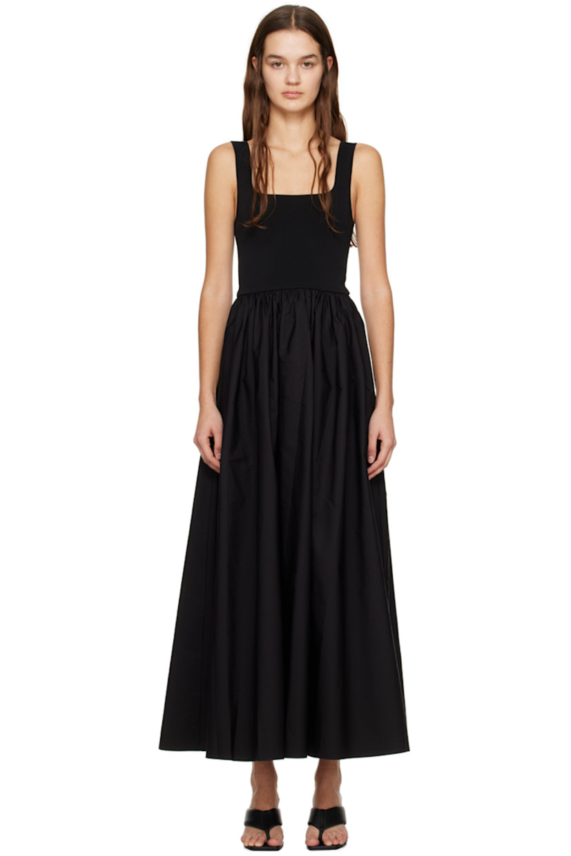 Knit stretch FSC-certified viscose-blend and BCI-certified organic cotton poplin dress.

· Paneled construction
· Square neck
· Gathering at waist
· Fixed shoulder straps
· Unlined

Supplier color: Black