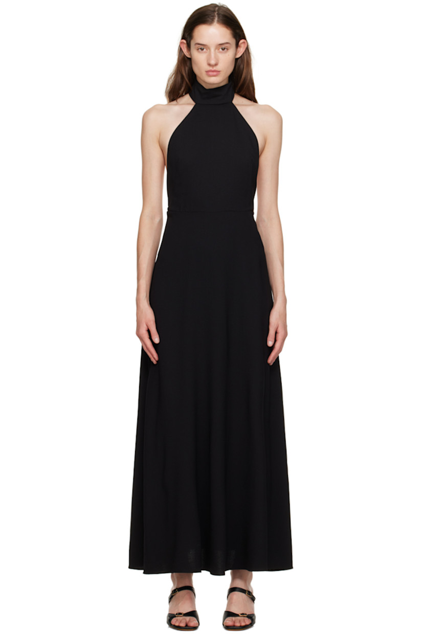 Lightweight stretch wool crepe dress.

· Halter neck
· Zip closure at side seam
�· Button closure at back neck
· Racer back
· Partial cupro satin lining

Supplier color: Black
