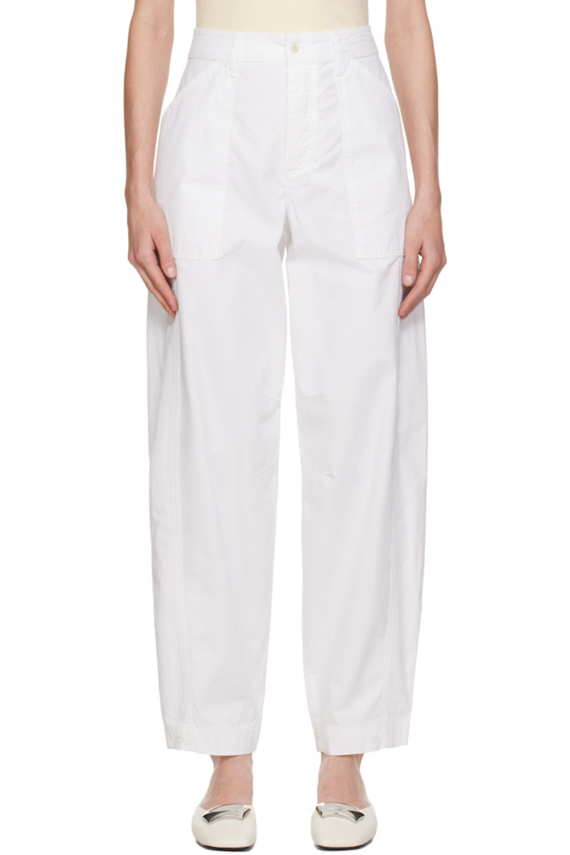 Garment-dyed BCI-certified cotton twill trousers.

· Belt loops
· Four-pocket styling
· Button-fly
· Darts at knees

Supplier color: White