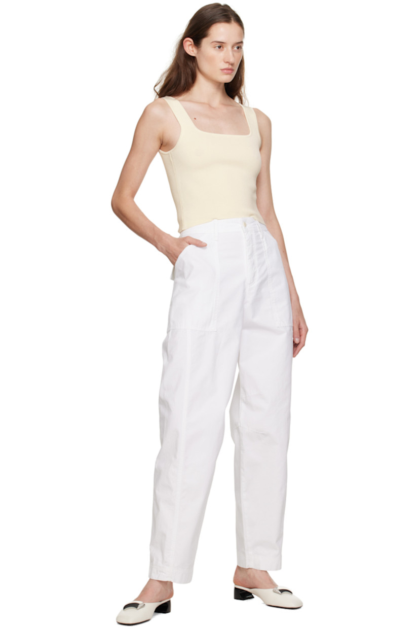 Garment-dyed BCI-certified cotton twill trousers.

· Belt loops
· Four-pocket styling
· Button-fly
· Darts at knees

Supplier color: White