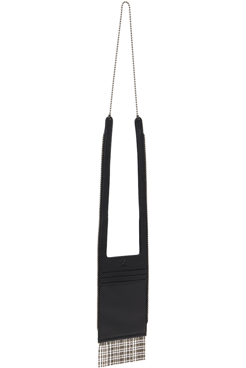 Grained leather pouch in black.

· Ball-chain crossbody strap
· Logo embossed at face
· Three card slots at face
· Beaded fringe at base
· Open throat
· Logo-engraved gunmetal-tone hardware
· H6.5" x W4.25"
· Total height: H26"

Part of the ECCO.kollektive x Kiko Kostadinov collaboration.

Supplier color: Black