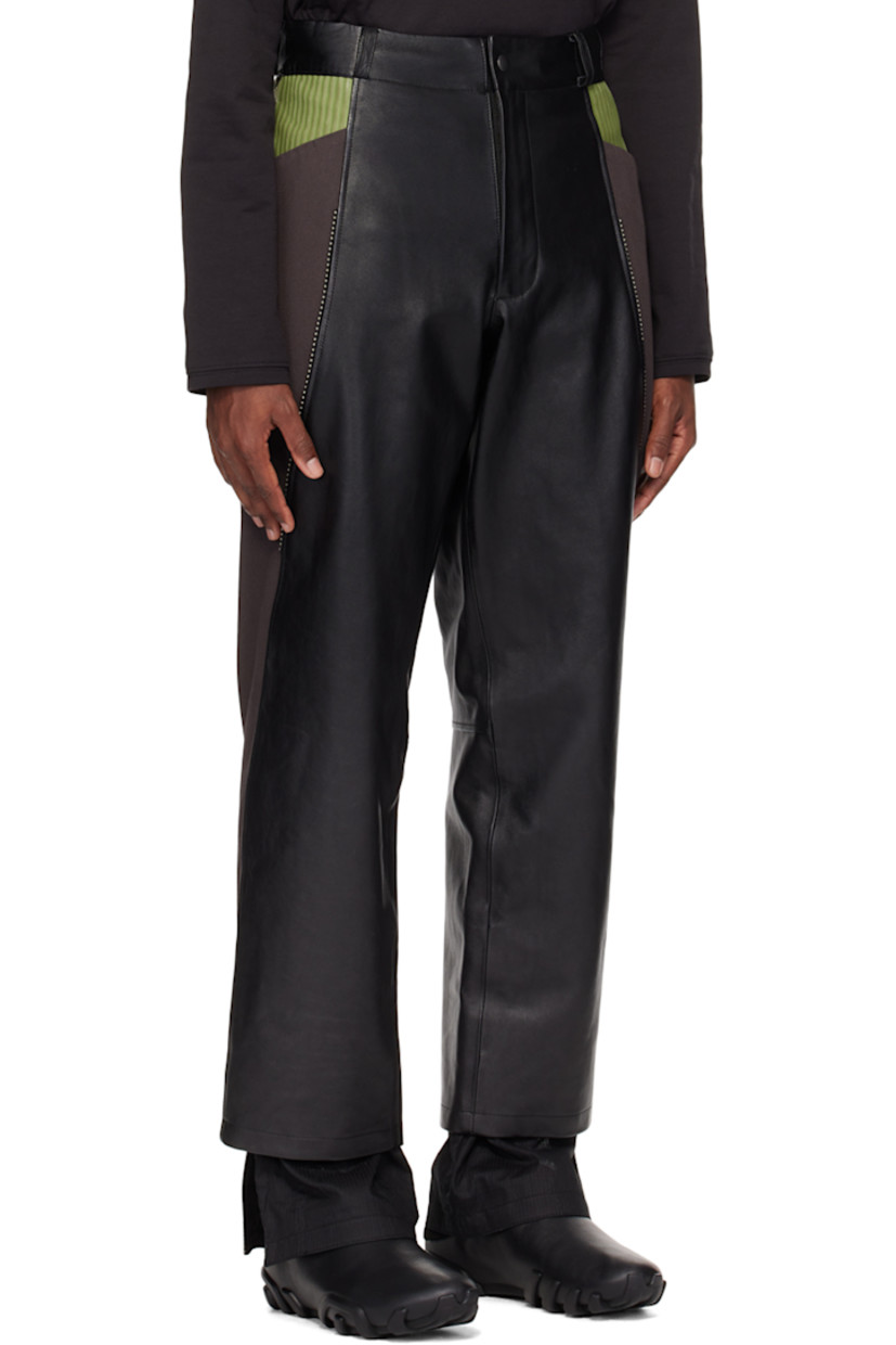 Buffed leather and cotton twill trousers. 

· Paneled construction
· Belt loops
· Stripe-embossed nubuck trim at waist
· Four-pocket styling
· Zip-fly
· Studs at front
· Zip vent at inset cotton seersucker cuffs
· Full cotton seersucker lining

Part of the ECCO.kollektive x Kiko Kostadinov collaboration.

Supplier color: Black/Turtle green