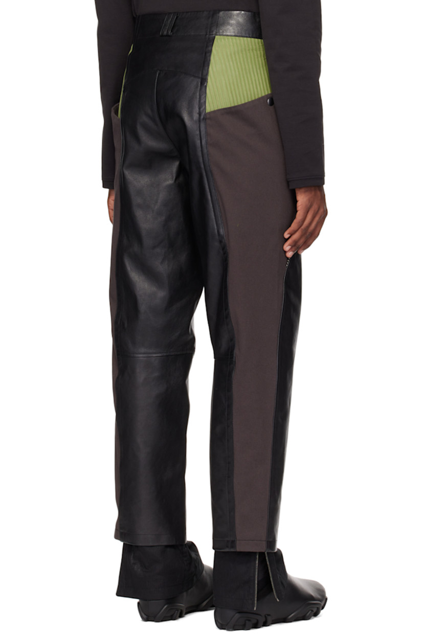 Buffed leather and cotton twill trousers. 

· Paneled construction
· Belt loops
· Stripe-embossed nubuck trim at waist
· Four-pocket styling
· Zip-fly
· Studs at front
· Zip vent at inset cotton seersucker cuffs
· Full cotton seersucker lining

Part of the ECCO.kollektive x Kiko Kostadinov collaboration.

Supplier color: Black/Turtle green
