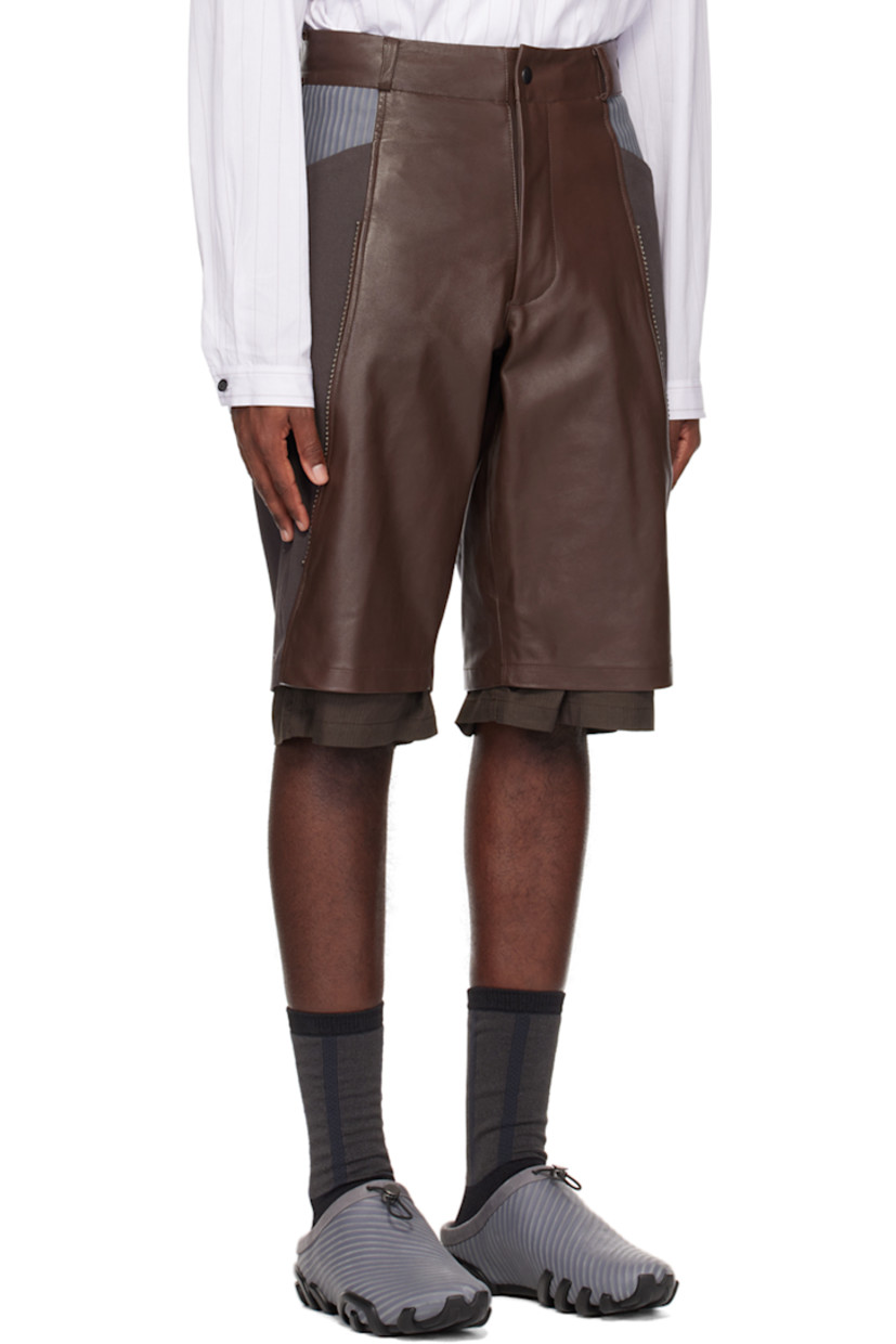 Buffed leather and cotton twill shorts. 

· Paneled construction
· Belt loops
· Stripe-embossed nubuck trim at waist
· Four-pocket styling
· Zip-fly
· Studs at front
· Inset seersucker cuffs 
· Full cotton seersucker lining

Part of the ECCO.kollektive x Kiko Kostadinov collaboration.

Supplier color: Chicory coffee/Steel