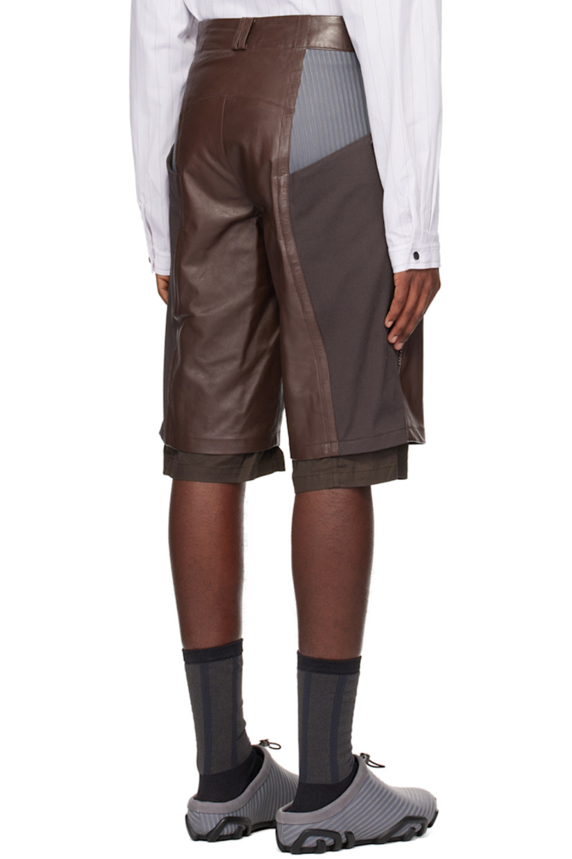 Buffed leather and cotton twill shorts. 

· Paneled construction
· Belt loops
· Stripe-embossed nubuck trim at waist
· Four-pocket styling
· Zip-fly
· Studs at front
· Inset seersucker cuffs 
· Full cotton seersucker lining

Part of the ECCO.kollektive x Kiko Kostadinov collaboration.

Supplier color: Chicory coffee/Steel