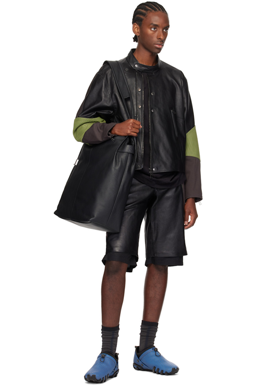 Buffed leather and cotton twill shorts. 

· Paneled construction
· Belt loops
· Stripe-embossed nubuck trim at waist
· Four-pocket styling
· Zip-fly
· Studs at front
· Inset seersucker cuffs 
· Full cotton seersucker lining

Part of the ECCO.kollektive x Kiko Kostadinov collaboration.

Supplier color: Black/Turtle green