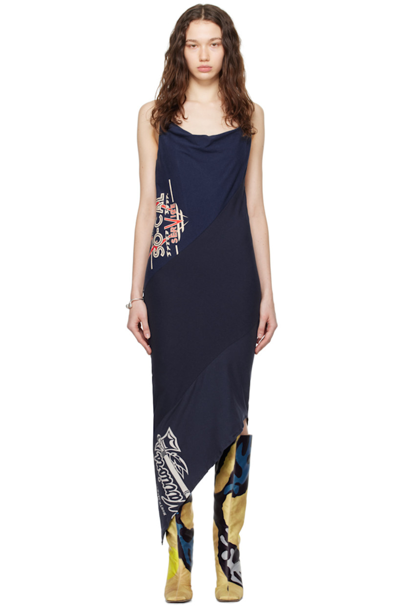 Upcycled cotton jersey dress. Graphics printed throughout. 

· Bias-cut and paneled construction
· Cowl neck
· Asymmetrical hem
· Concealed zip closure at side seam
· Adjustable spaghetti straps
· Low back 

Part of the Magnolia collection. 

Each item is unique. Please note that finishings may vary.

Supplier color: Multi blue