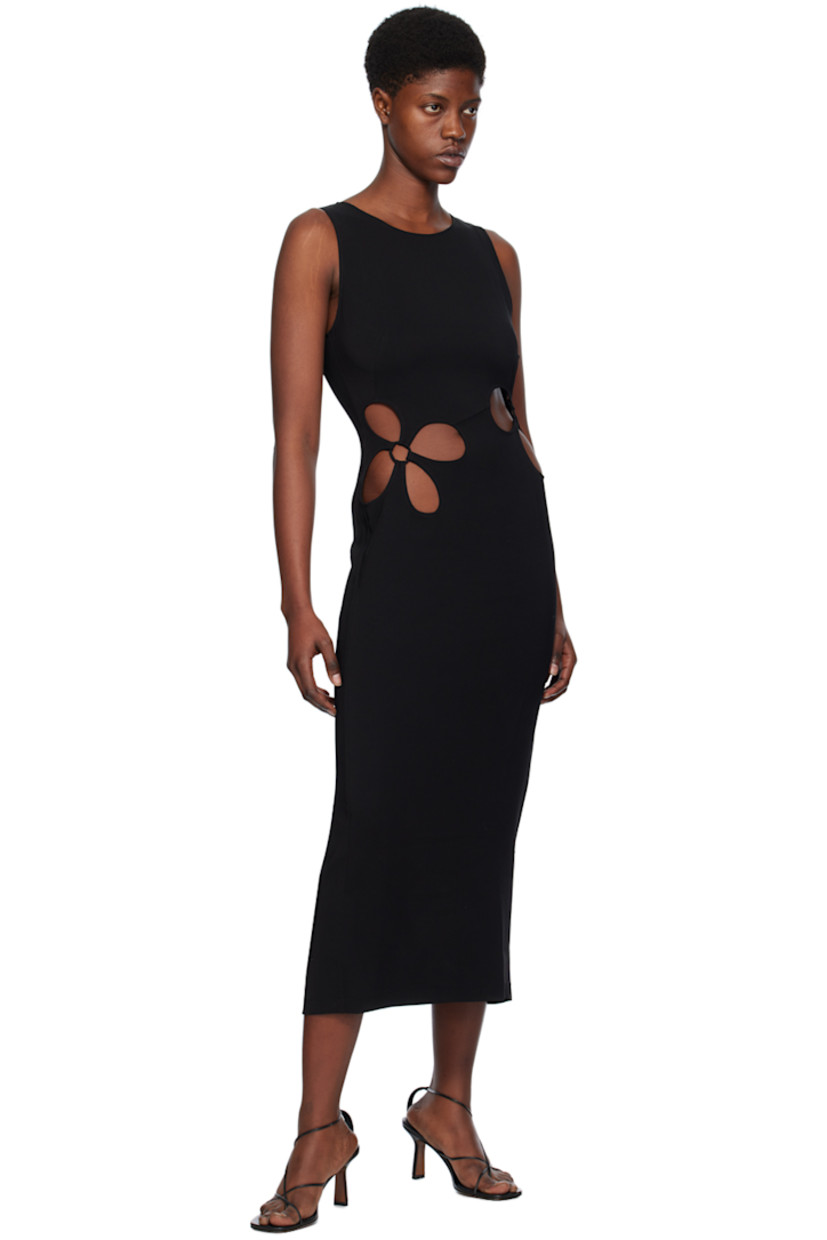 Viscose-blend jersey dress.

· Crewneck
· Floral cutouts at front
· Concealed zip closure at back
· Central vent at back hem

Supplier color: Black