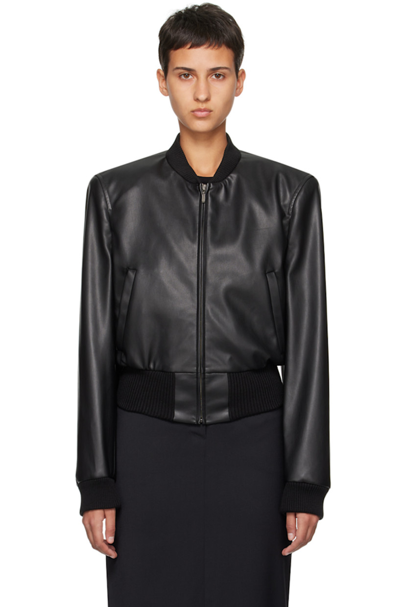Grained faux-leather bomber jacket.

· Rib knit stand collar, hem, and cuffs
· Zip closure
· Welt pockets
· Padded shoulders
· Full twill lining

Supplier color: Black