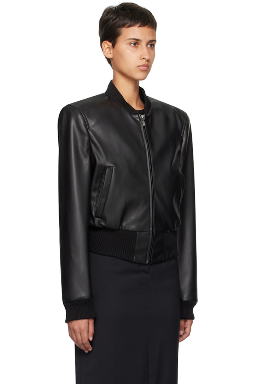 Grained faux-leather bomber jacket.

· Rib knit stand collar, hem, and cuffs
· Zip closure
· Welt pockets
· Padded shoulders
· Full twill lining

Supplier color: Black