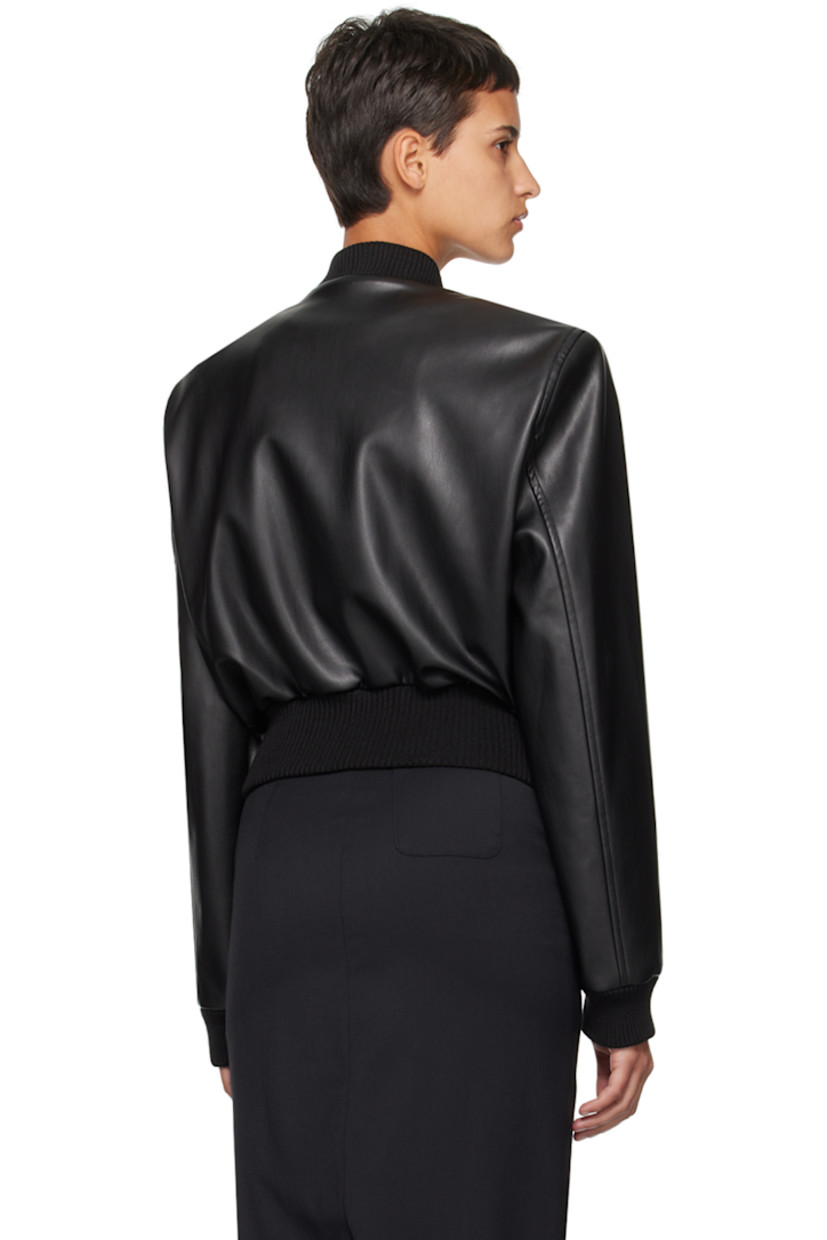 Grained faux-leather bomber jacket.

· Rib knit stand collar, hem, and cuffs
· Zip closure
· Welt pockets
· Padded shoulders
· Full twill lining

Supplier color: Black