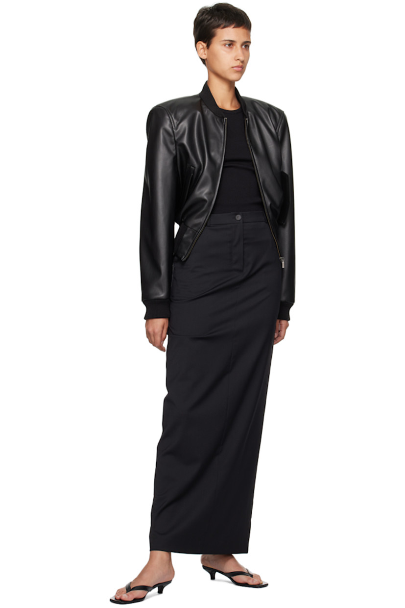 Grained faux-leather bomber jacket.

· Rib knit stand collar, hem, and cuffs
· Zip closure
· Welt pockets
· Padded shoulders
· Full twill lining

Supplier color: Black