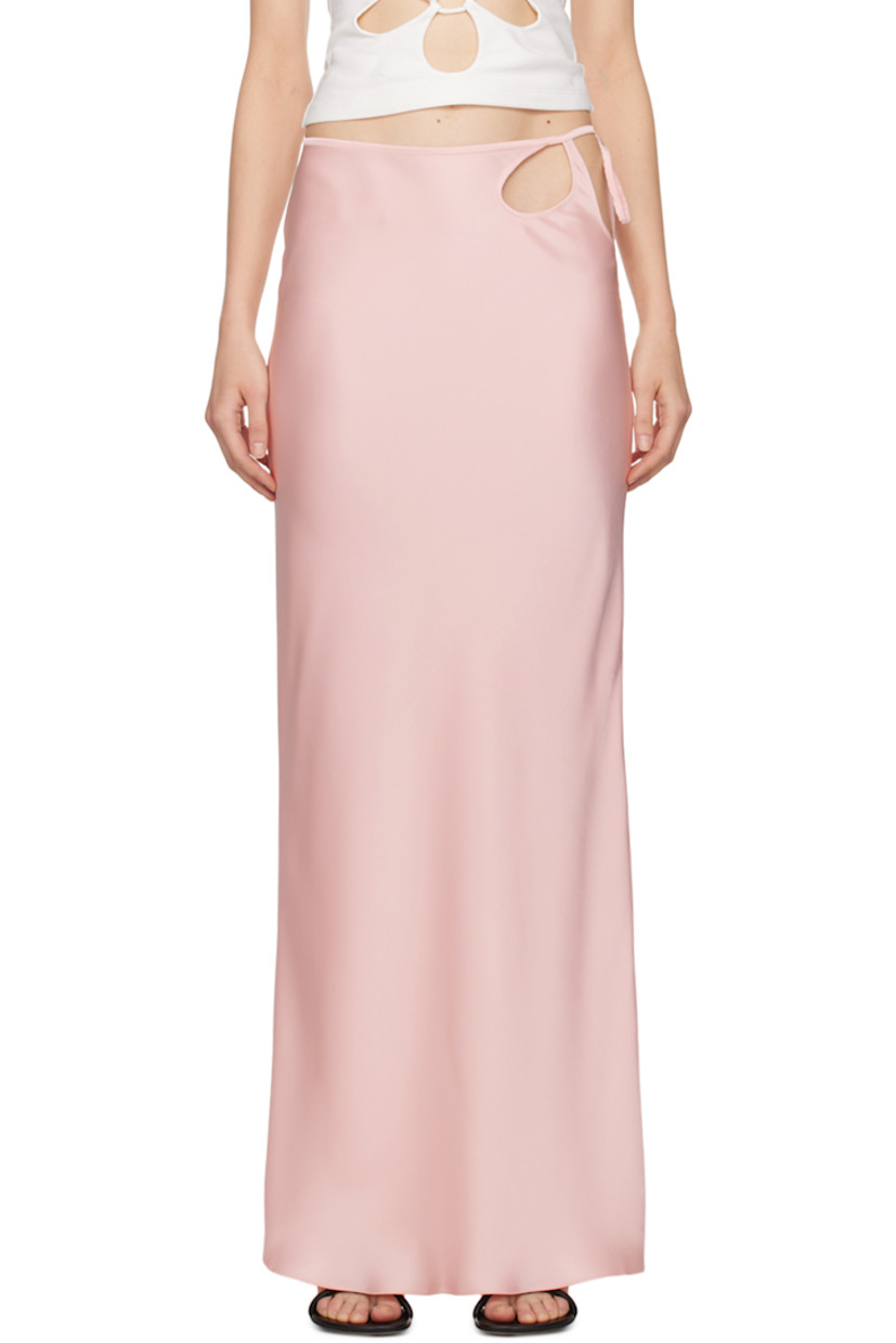 Polyester satin skirt. 

· Self-tie fastening at waist
· Floral cutout at outseam

Supplier color: Blush pink