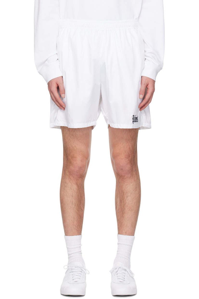 Polyester satin shorts.

· Concealed drawstring at elasticized waistband
· Two-pocket styling
· Logo embroidered at front cuff
· Vented cuffs

Supplier color: White