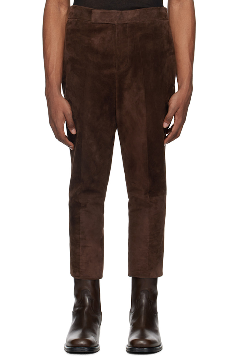 Cropped calfskin suede pants. 

· Paneled construction 
· Four-pocket styling
· Button-fly
· Creased legs 
· Adjustable button tabs at back waistband 
· Partial satin lining 

Supplier color: Brown