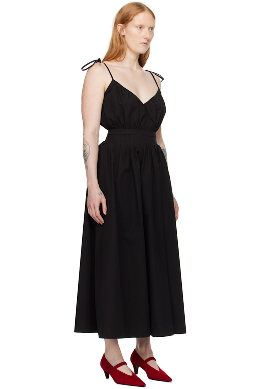 Cotton poplin dress. Pleats and gathering throughout. 

· Paneled construction
· Self-tie shoulder straps 
· Concealed zip closure at back
· Unlined

Supplier color: Black