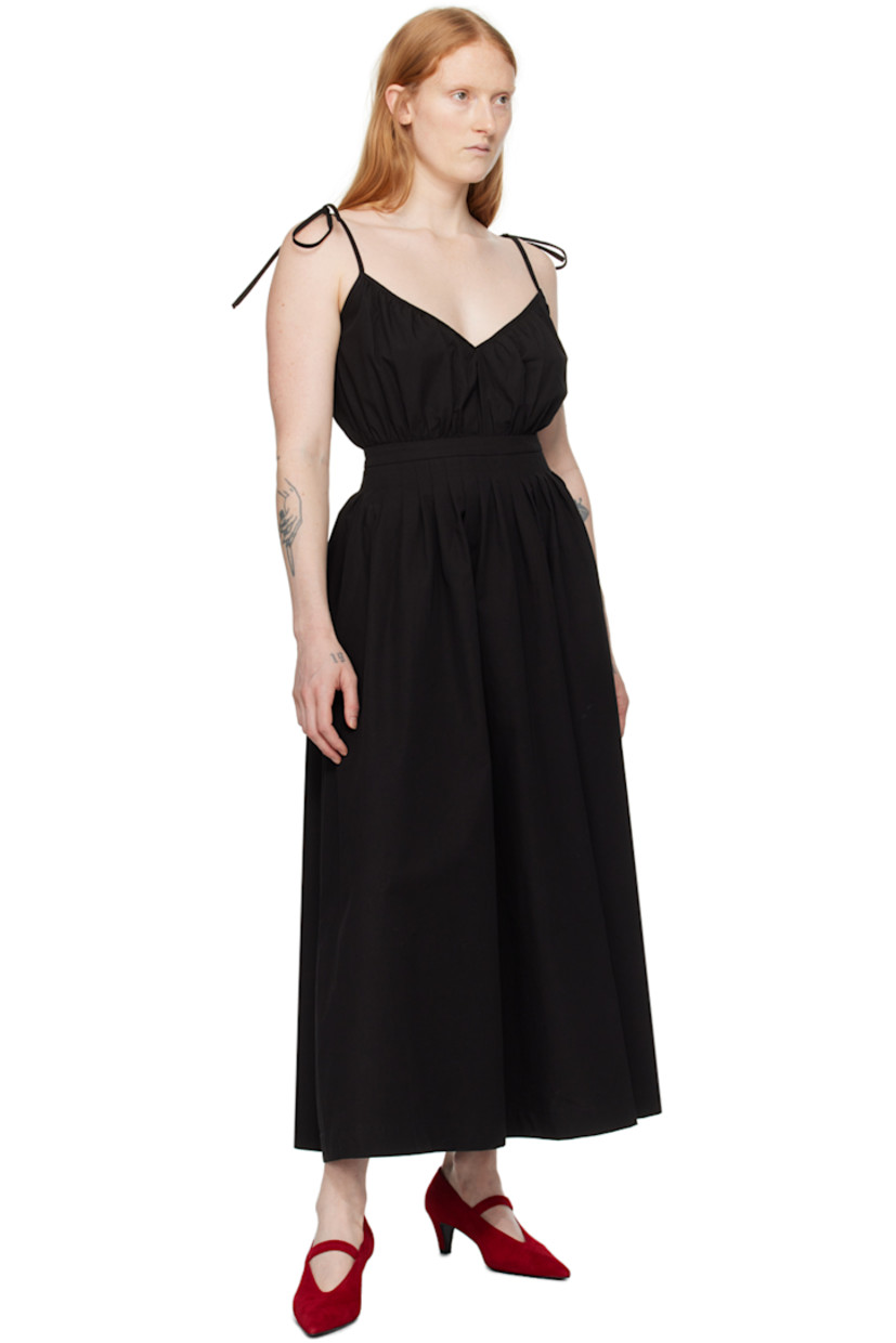 Cotton poplin dress. Pleats and gathering throughout. 

· Paneled construction
· Self-tie shoulder straps 
· Concealed zip closure at back
· Unlined

Supplier color: Black