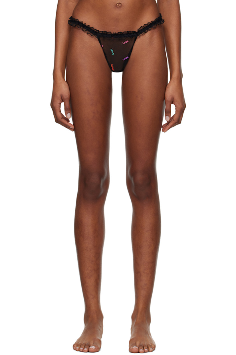 Sheer recycled polyester mesh thong. Text embroidered throughout. 

· Ruffled trim at waistband
· Bow accent at back
· Partial jersey lining

Supplier color: Black