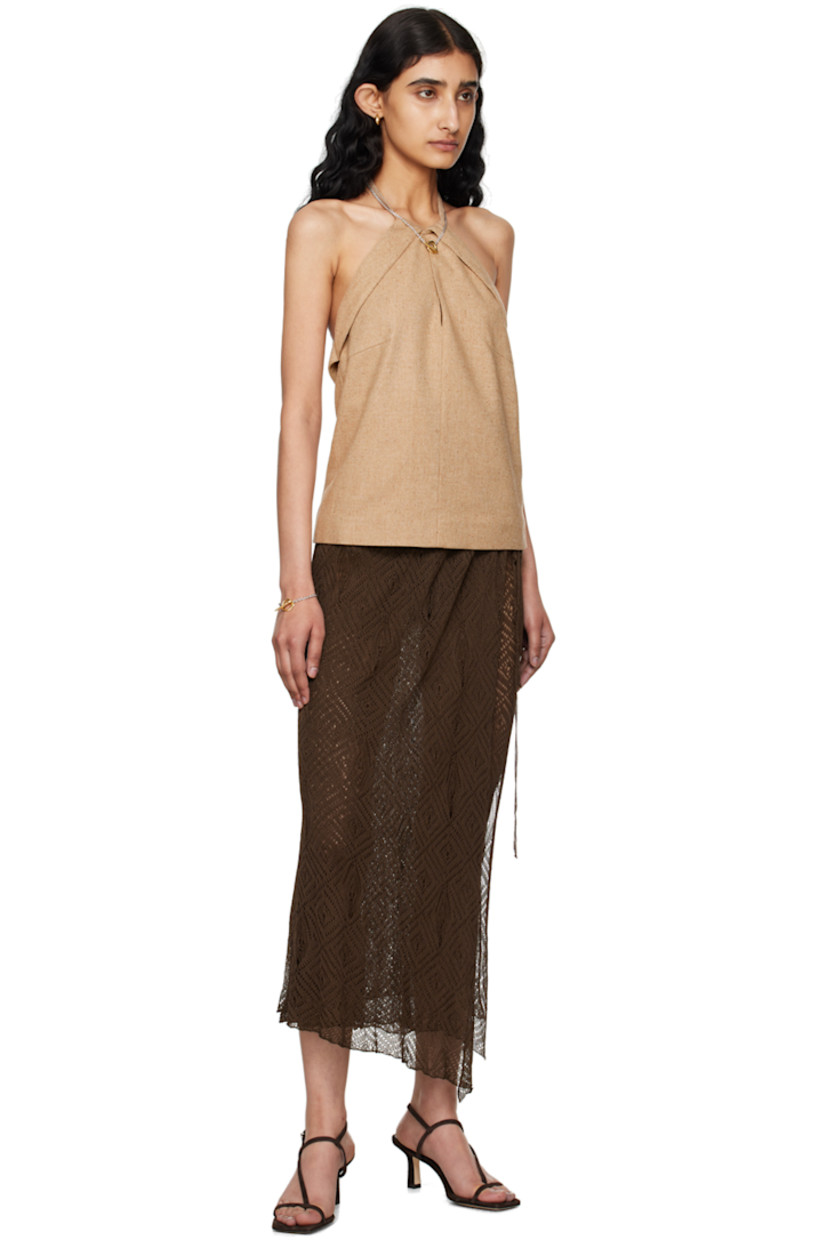 Stretch viscose-blend tweed tank top.

· Self-tie straps at halter neck
· Keyhole cutout at chest
· Darts at bust
· Concealed zip closure at side seam
· Partially elasticized strap at low back
· Full satin lining

Supplier color: Tigers eye