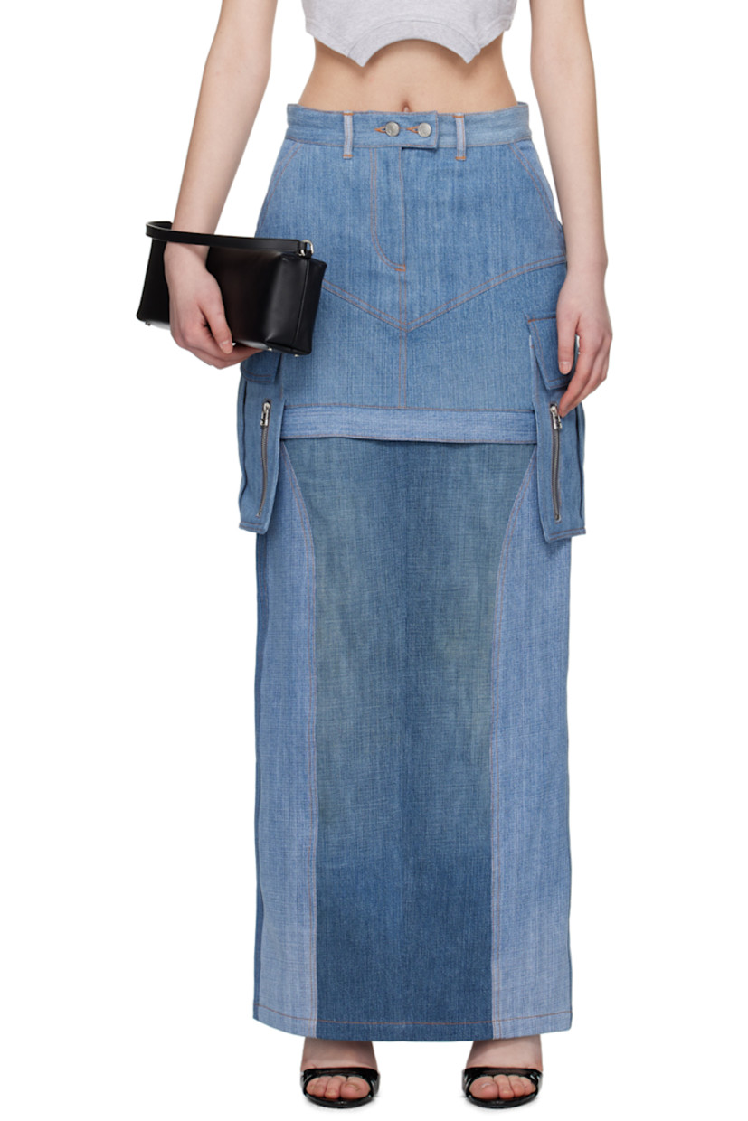 Non-stretch recycled cotton denim skirt. Zip panel for alternate miniskirt-styling.

· Paneled construction
· High-rise
· Belt loops
· Four-pocket styling
· Zip and flap pocket at side seams
· Central vent at back hem
· Logo-engraved silver-tone hardware
· Contrast stitching in tan

Supplier color: Denim blues