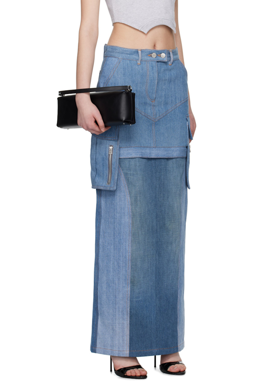 Non-stretch recycled cotton denim skirt. Zip panel for alternate miniskirt-styling.

· Paneled construction
· High-rise
· Belt loops
· Four-pocket styling
· Zip and flap pocket at side seams
· Central vent at back hem
· Logo-engraved silver-tone hardware
· Contrast stitching in tan

Supplier color: Denim blues