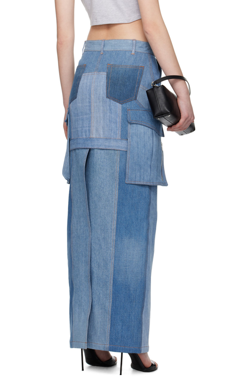 Non-stretch recycled cotton denim skirt. Zip panel for alternate miniskirt-styling.

· Paneled construction
· High-rise
· Belt loops
· Four-pocket styling
· Zip and flap pocket at side seams
· Central vent at back hem
· Logo-engraved silver-tone hardware
· Contrast stitching in tan

Supplier color: Denim blues