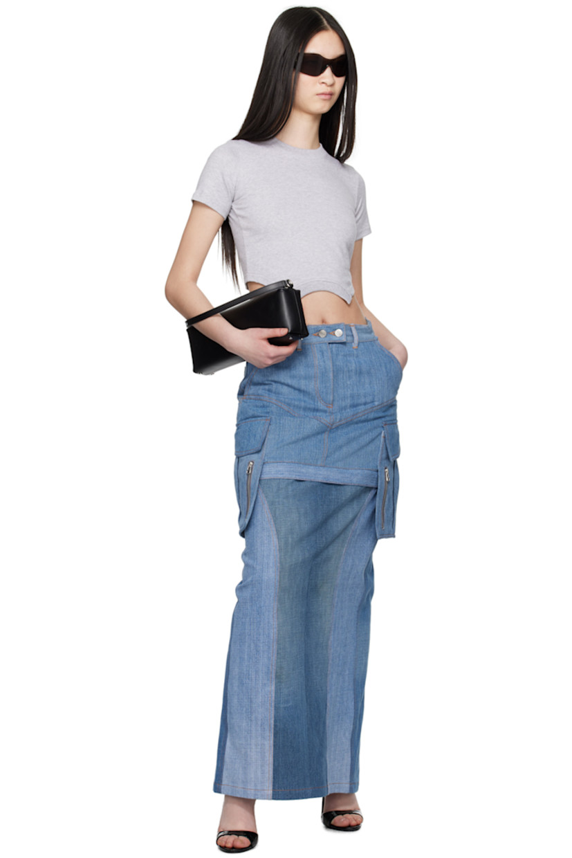 Non-stretch recycled cotton denim skirt. Zip panel for alternate miniskirt-styling.

· Paneled construction
· High-rise
· Belt loops
· Four-pocket styling
· Zip and flap pocket at side seams
· Central vent at back hem
· Logo-engraved silver-tone hardware
· Contrast stitching in tan

Supplier color: Denim blues