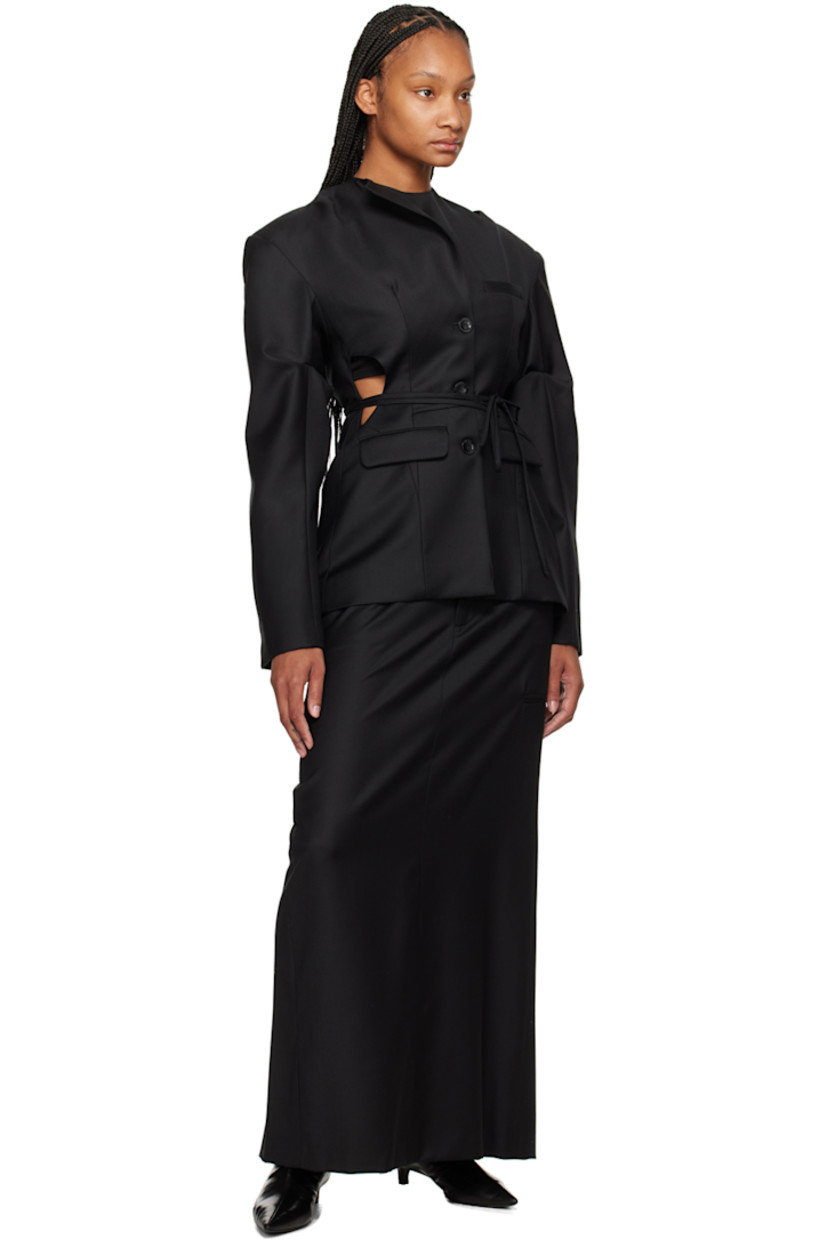 Wool twill skirt.

· Belt loops
· Wraparound asymmetrical waistband
· Three-pocket styling
· Zip-fly
· Welt pocket at outseam 
· Concealed zip closure at back
· Central vent at back hem
· Full satin lining

Supplier color: Black
