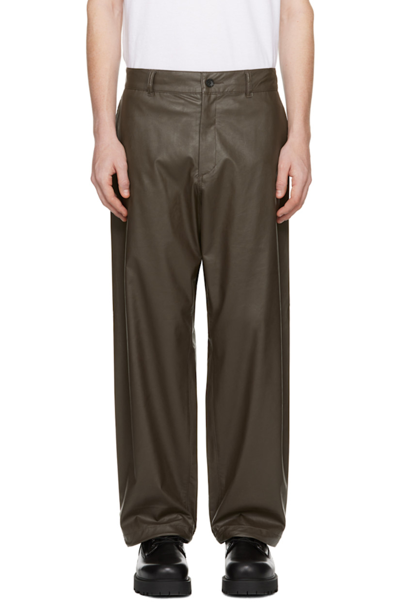 Lightweight crinkled faux-leather trousers. 

· Concealed drawstring at partially elasticized waistband
· Belt loops
· Four-pocket styling
· Zip-fly
· Concealed bungee-style drawstring at cuffs 
· Logo patch at back pocket 
· Unlined 

Supplier color: Brown