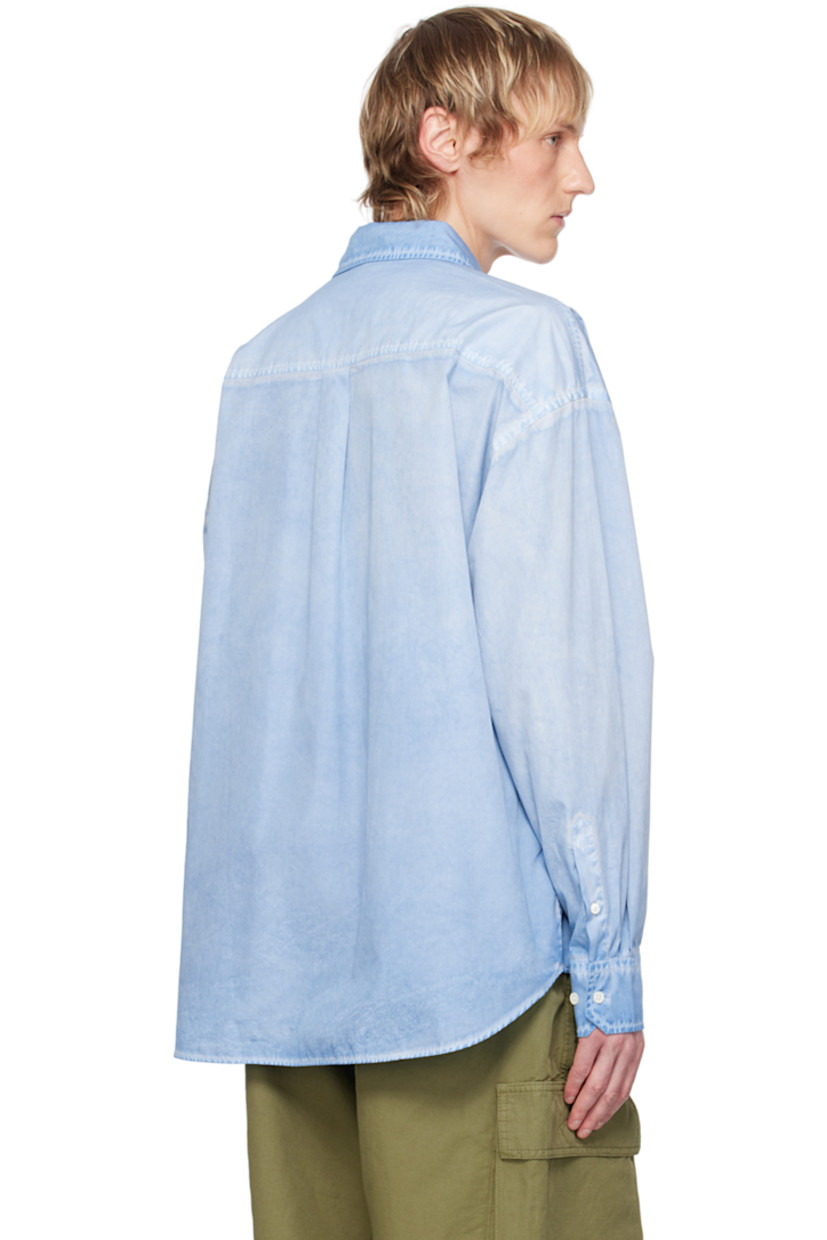 Garment-dyed cotton poplin shirt. Fading throughout.

· Spread collar
· Button closure
· Patch pocket 
· Shirttail hem
· Dropped shoulders
· Adjustable single-button barrel cuffs
· Box pleat at back yoke
· Mother-of-pearl hardware

Supplier color: Aqua blue
