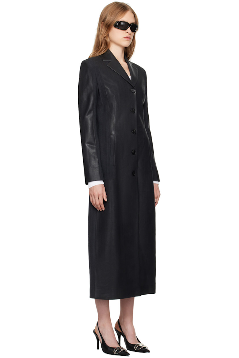Coated stretch polyester- and virgin wool-blend twill coat. Jacquard pinstripes throughout.

· Notched lapel
· Button closure
· Welt pockets
· Padded shoulders
· Logo hardware at back collar
· Central vent at back hem
· Welt pocket at interior
· Full satin lining

Supplier color: Black