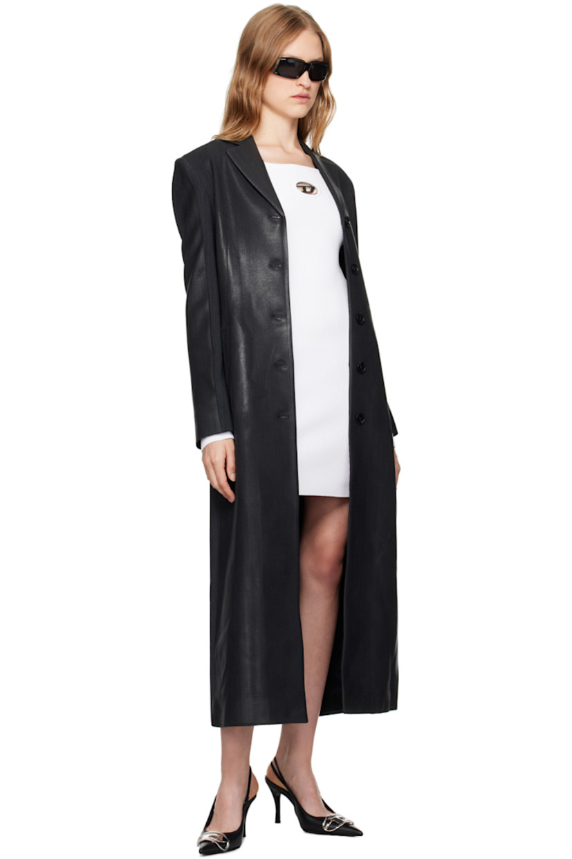 Coated stretch polyester- and virgin wool-blend twill coat. Jacquard pinstripes throughout.

· Notched lapel
· Button closure
· Welt pockets
· Padded shoulders
· Logo hardware at back collar
· Central vent at back hem
· Welt pocket at interior
· Full satin lining

Supplier color: Black